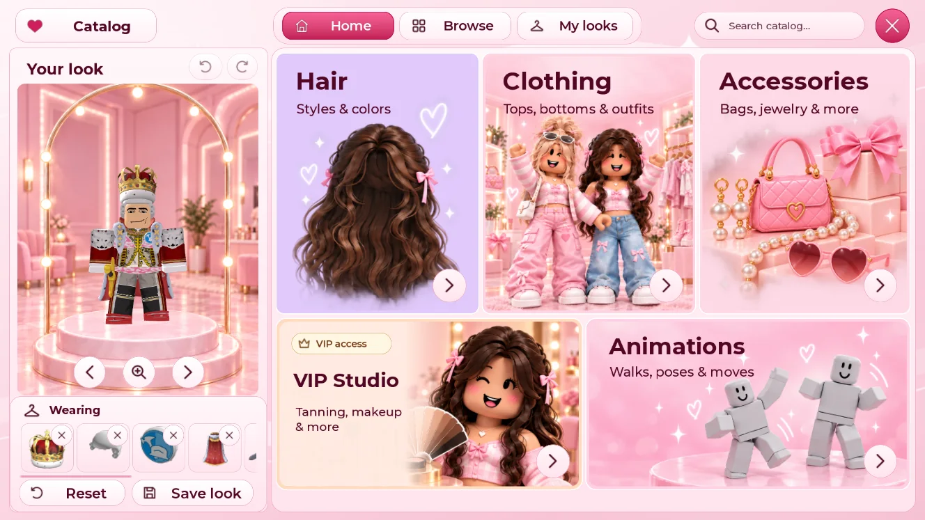 Boho Salon custom catalogue interface with hair, clothing and accessory categories