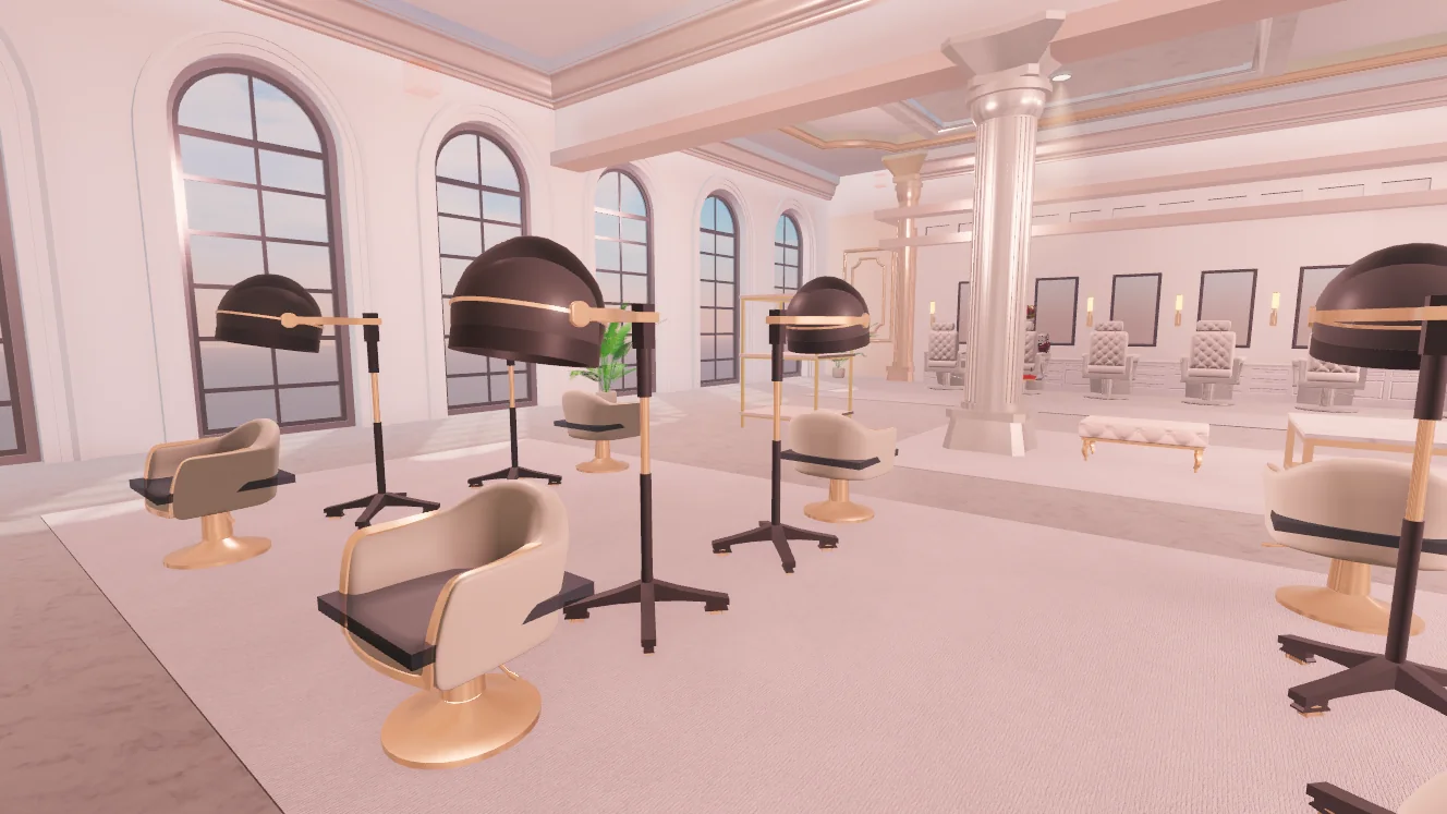 Boho Salon drying lounge with salon chairs and overhead dryers