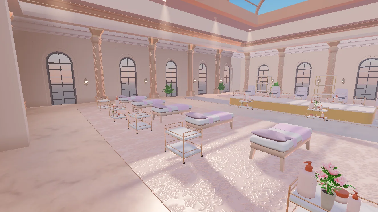 Boho Salon spa suite with treatment beds under a skylight