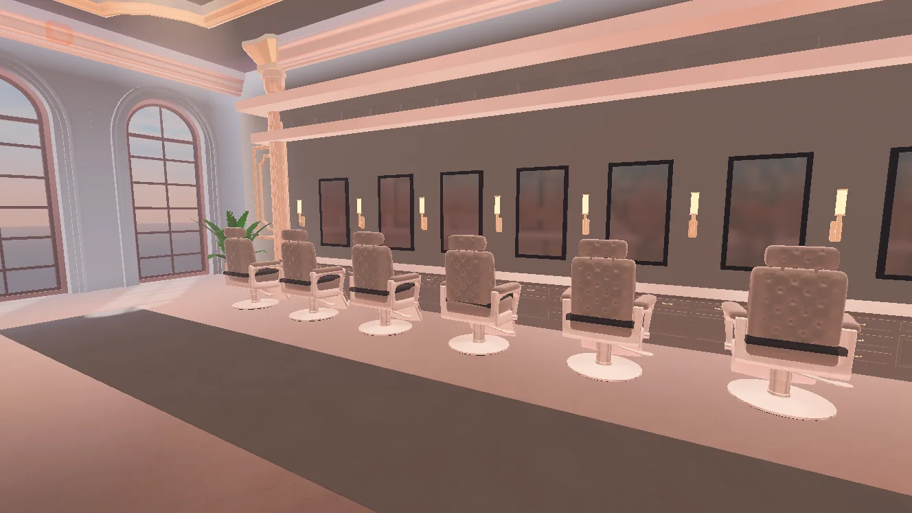 Boho Salon styling stations with mirrors and salon chairs