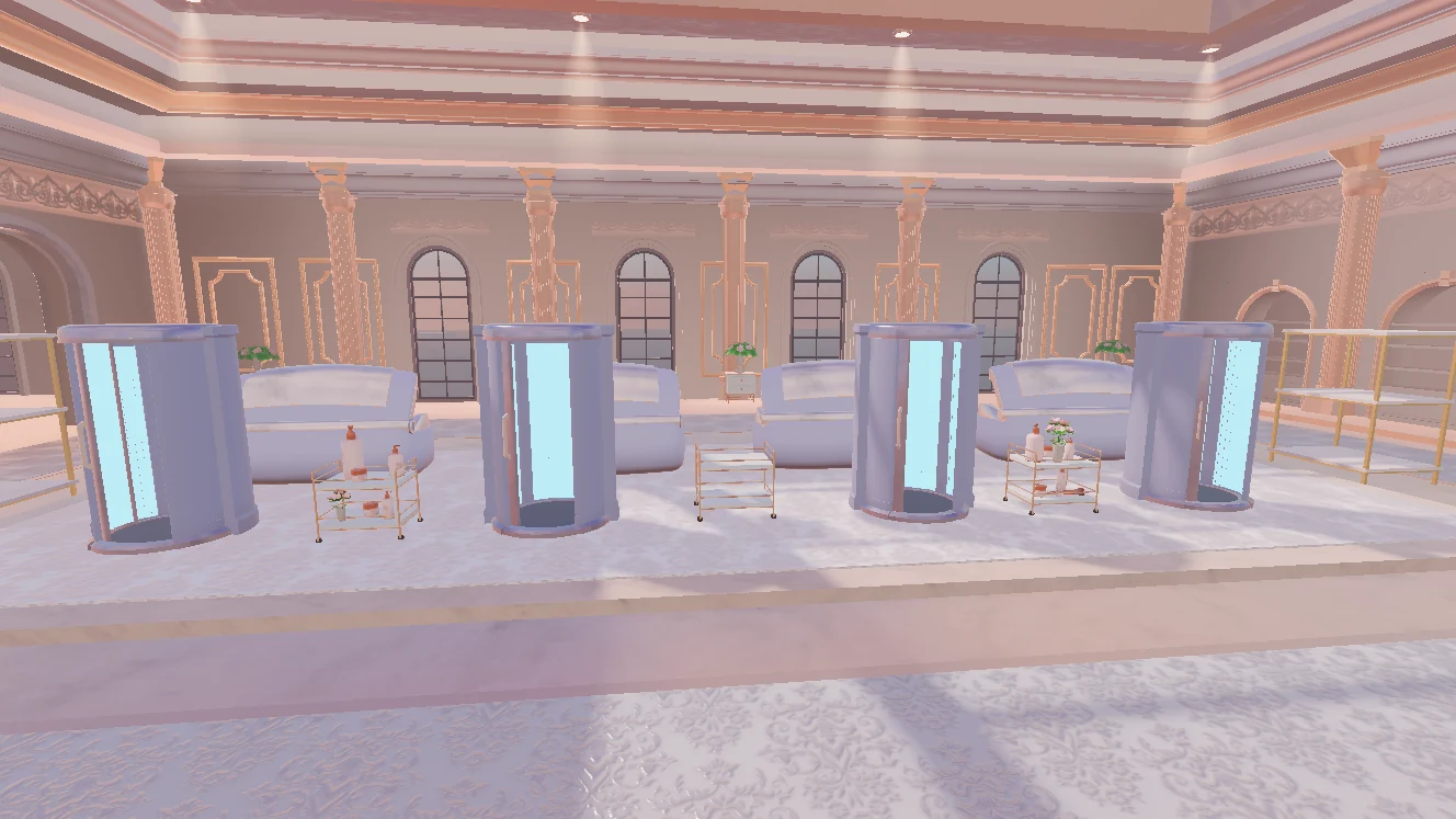 Boho Salon tanning suite with illuminated booths and decorative columns