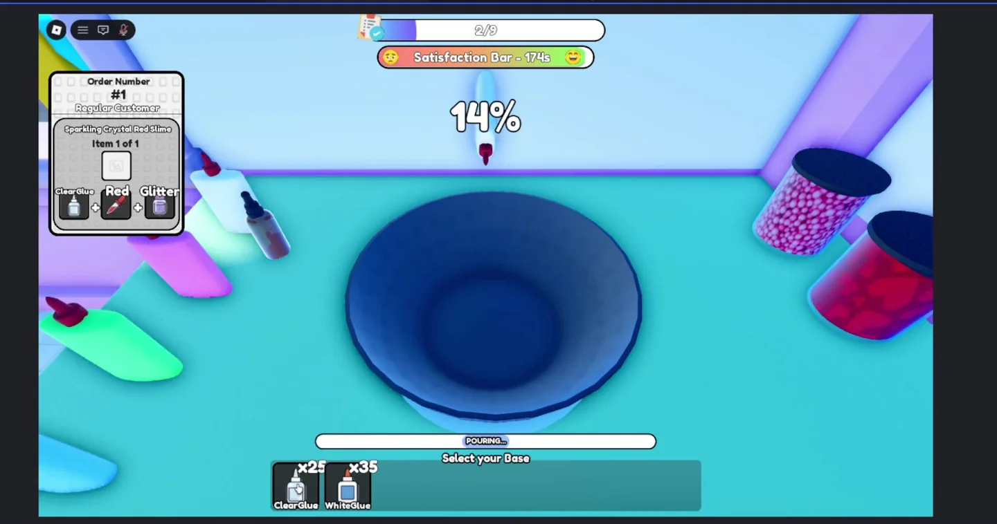 Colourful first-person slime mixing station with crafting progress