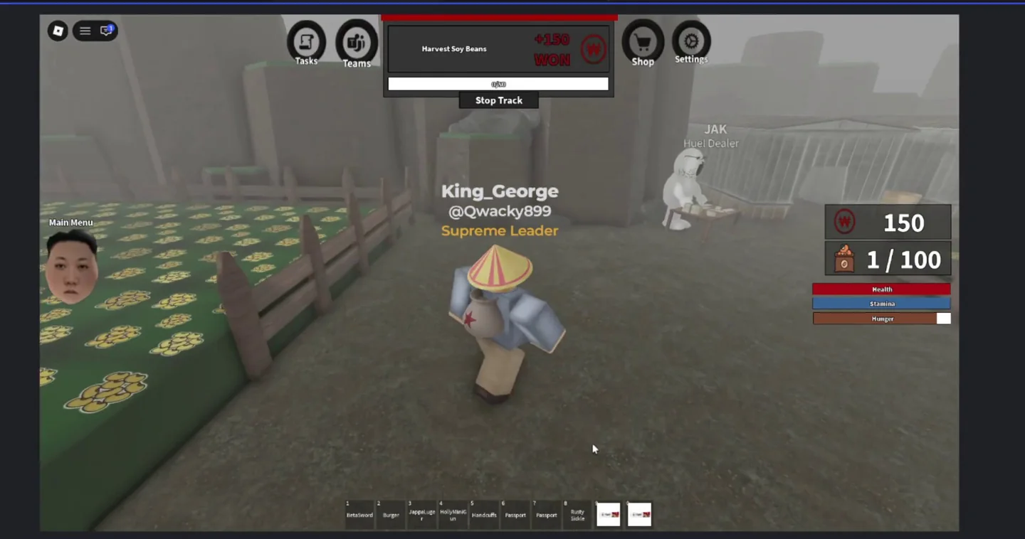 A player tending rows of crops in a farm environment