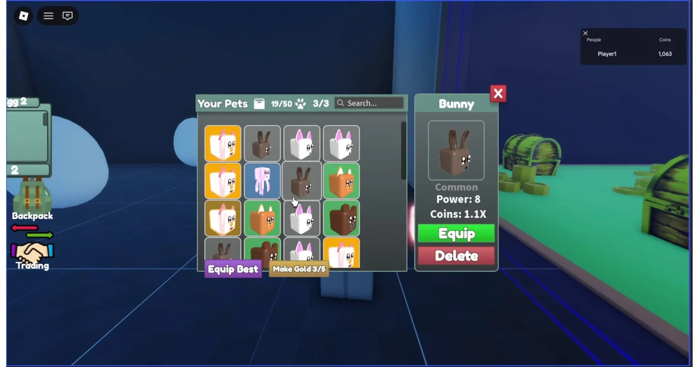Pet inventory interface showing collectible companions and equipment slots