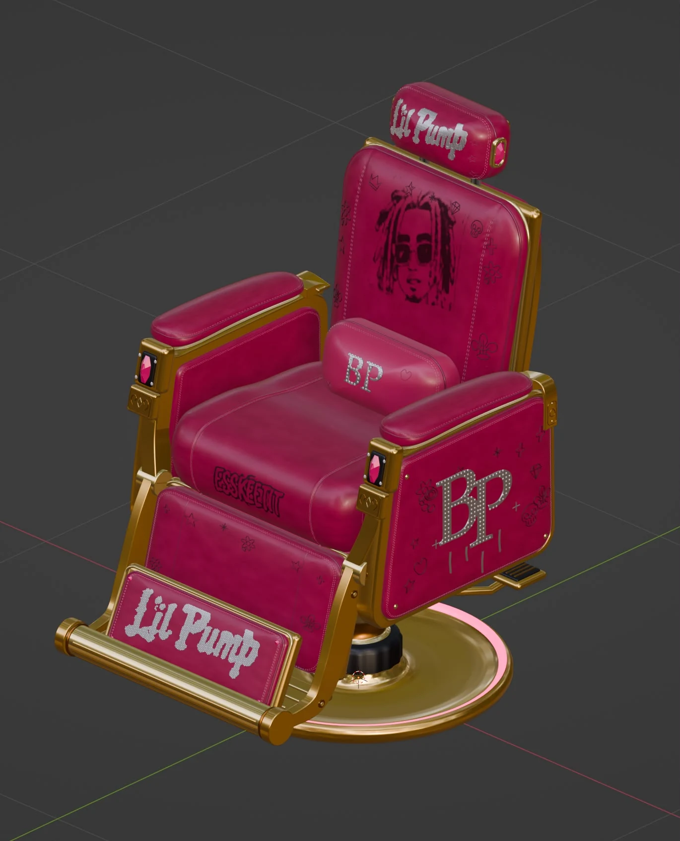 Custom Lil Pump salon seat with pink upholstery, gold framework and personalised detailing