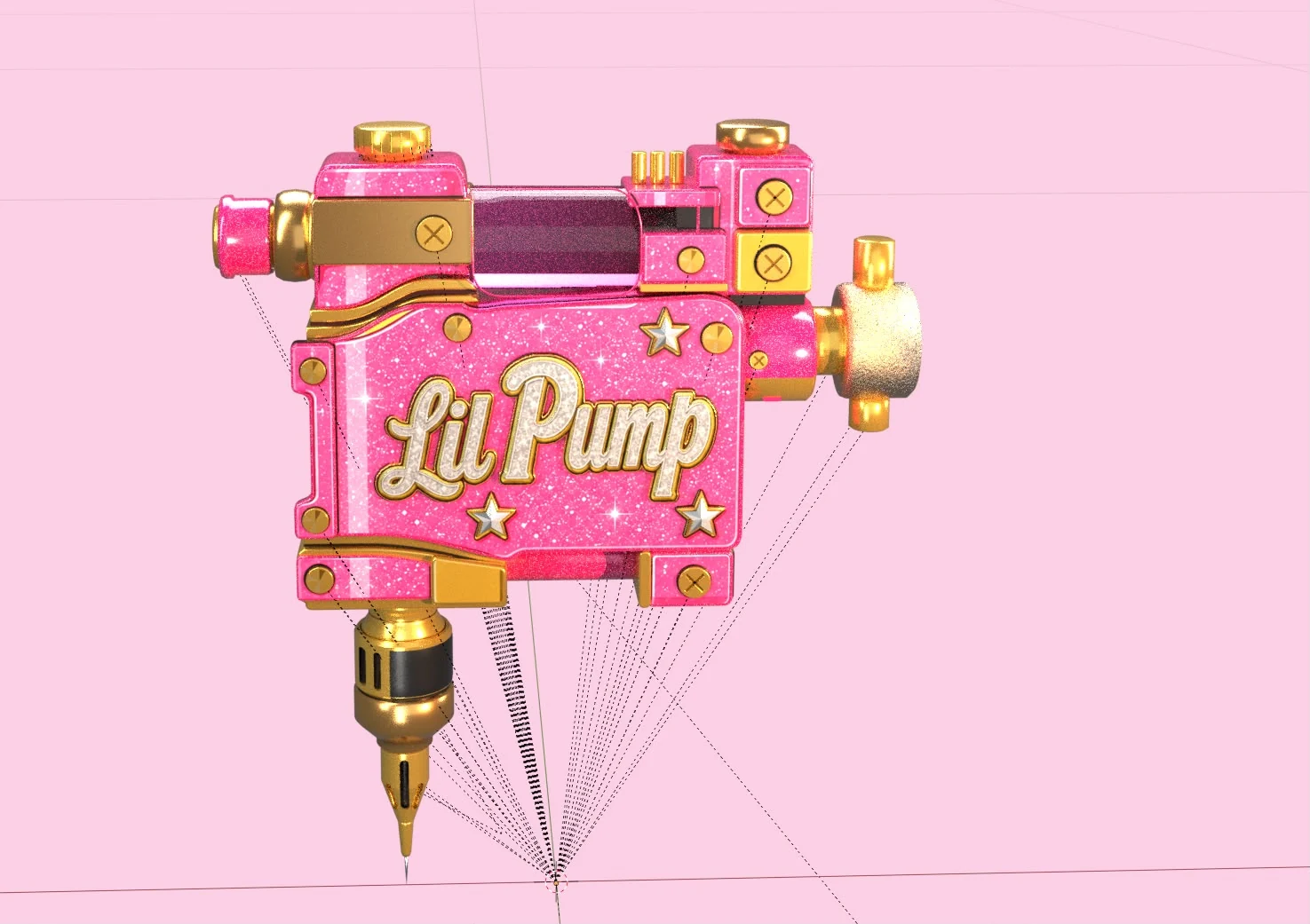 Custom Lil Pump tattoo gun with pink and gold materials, star details and lettering