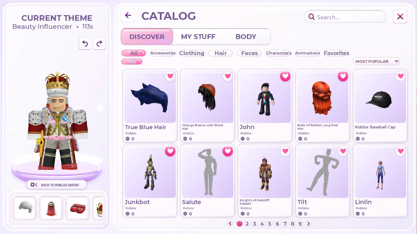 Custom avatar catalogue with clothing categories, item previews and outfit controls